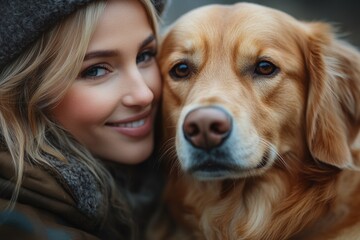 A happy woman embracing a dog wearing a hat, a heartwarming moment of friendship and companionship