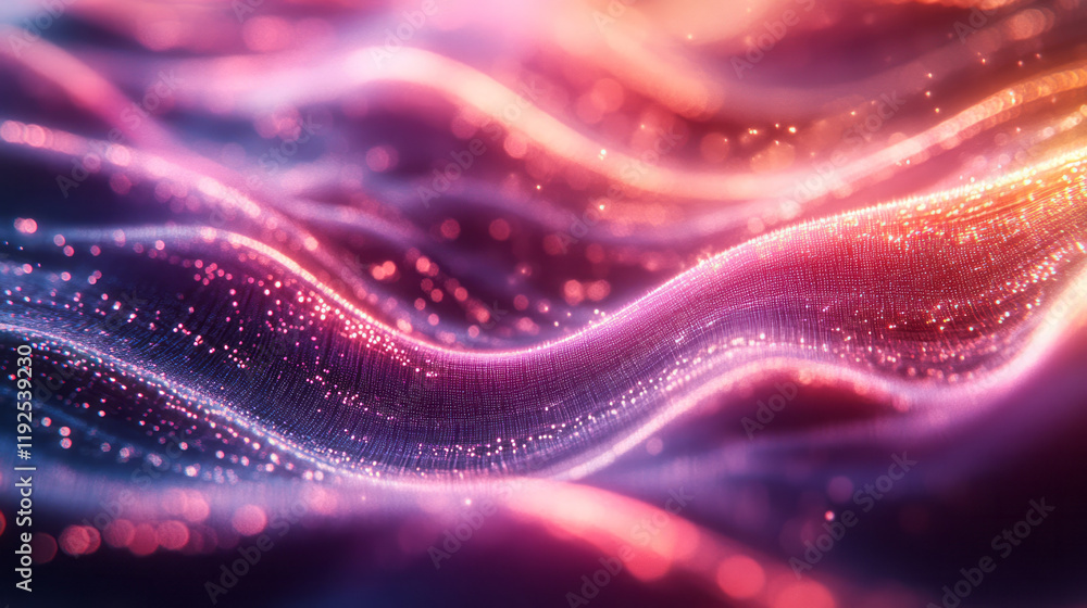 Poster a holographic fractal structure in hot pink hues, threaded with razor-thin violet filaments creating