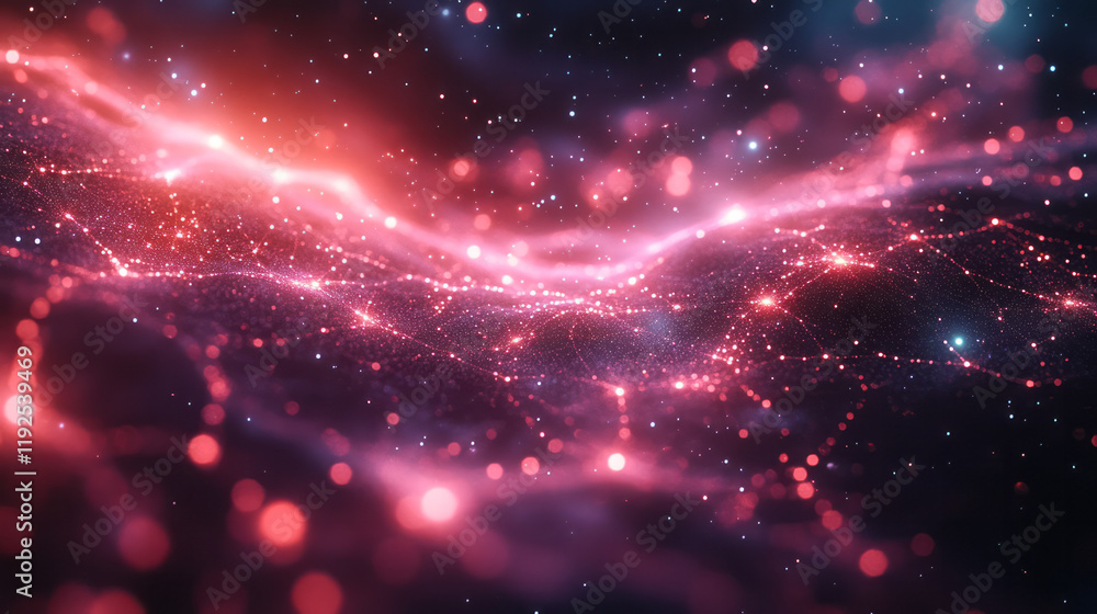 Poster a starry, galactic backdrop hosting an intricate pink-purple web of polygonal shapes, each node radi