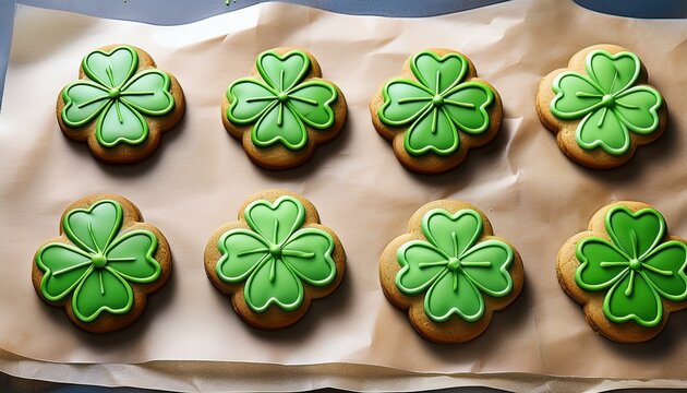Generated image A collection of shamrock-shaped cookies decorated with green icing, laid out on parchment