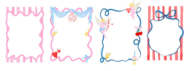 Whimsical Valentine’s Day templates!  Hand-drawn Coquette watercolor frames with cherubs, bows, florals & playful stripes. Perfect for wedding and romantic cards, invites, banners, poster!