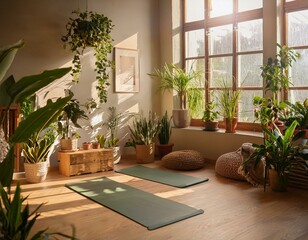 Fototapeta premium Generated image A cozy indoor yoga scene with plants, mats, and soft natural lighting