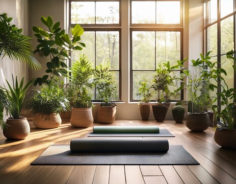 Generated image A cozy indoor yoga scene with plants, mats, and soft natural lighting - Powered by Adobe