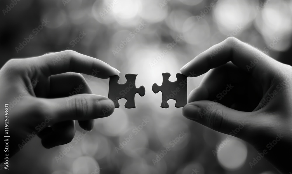 Poster puzzle pieces held by hands symbolizing connection, unity, and problem-solving in a blurred backgrou