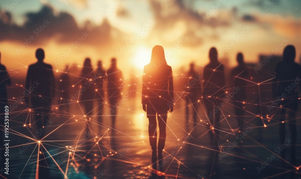 Poster silhouetted figures against sunset, interconnected by glowing lines, symbolizing unity and connectio