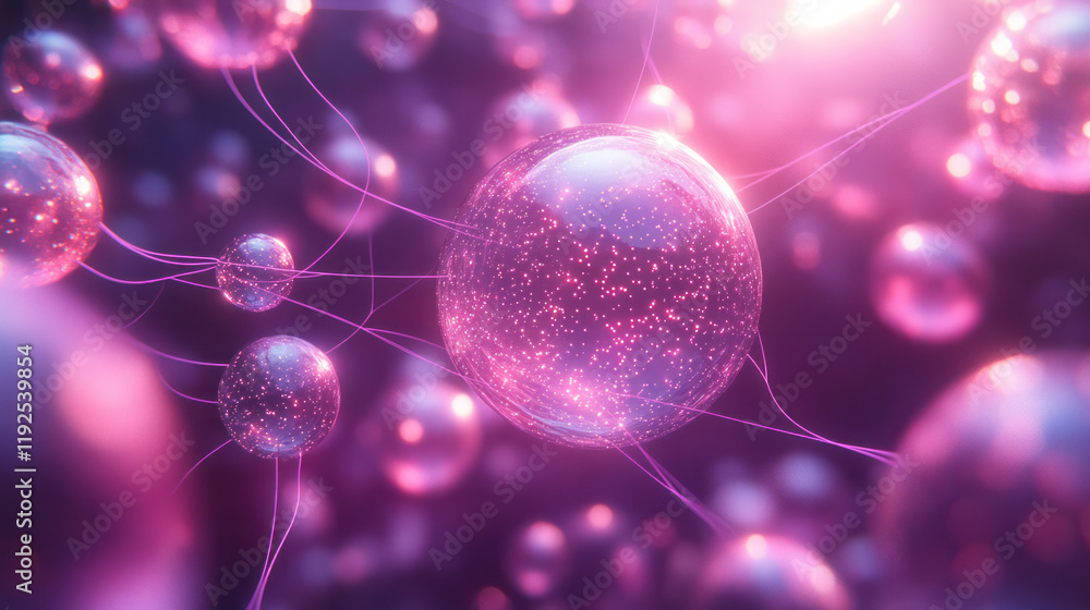 Poster a vast net of sparkling pink spheres tethered by violet threads, forming a cosmic network floating i