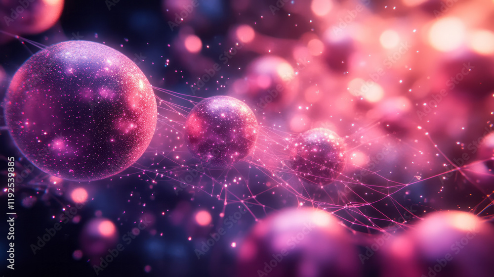 Poster a vast net of sparkling pink spheres tethered by violet threads, forming a cosmic network floating i