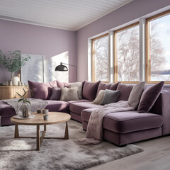 Fototapeta premium Modern Purple Velvet Sectional Sofa in Cozy Living Room with Winter View