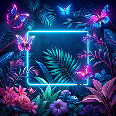 Background  botanical  aesthetic neon banner.  blue