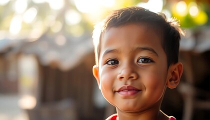 A young Southeast Asian boy is looking at the camera and smiling on bokeh background