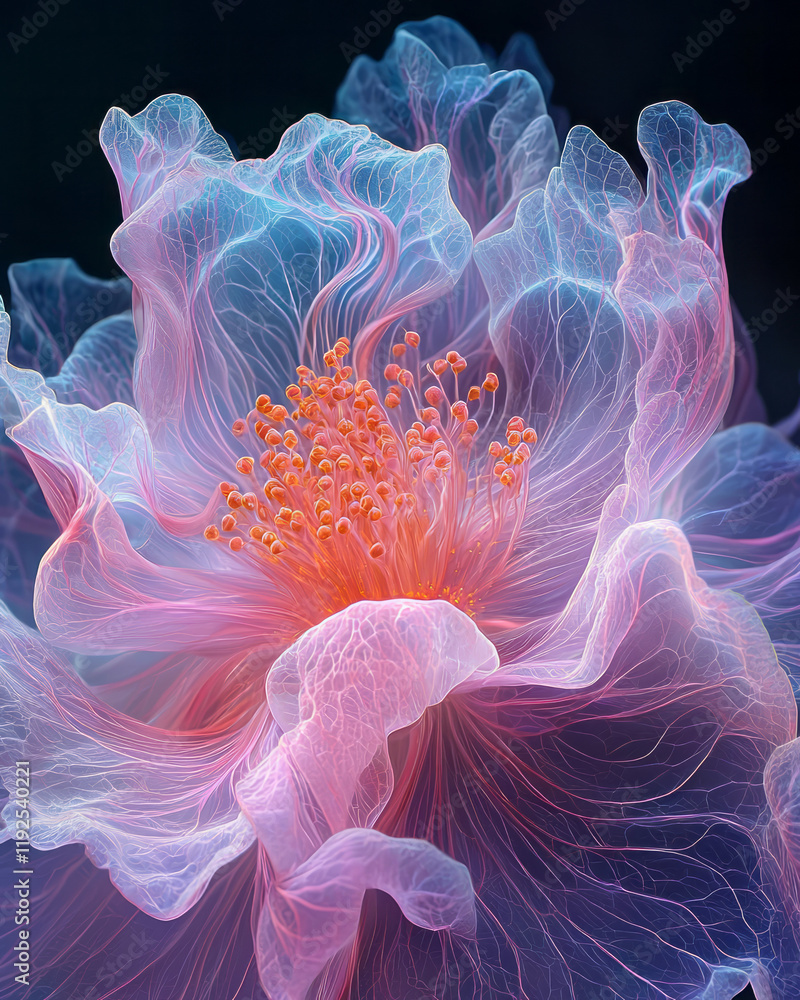 Poster a bloom-like burst of hot-pink flows morphing into spindly lavender filaments, coiling intricately i