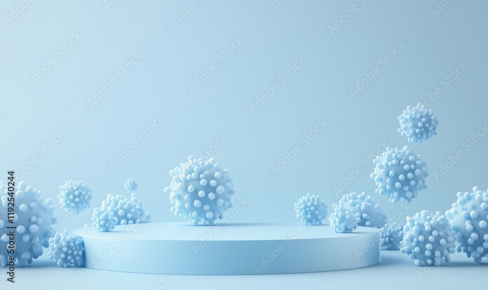Poster 3d render of abstract blue virus particles on minimalist stage with soft lighting