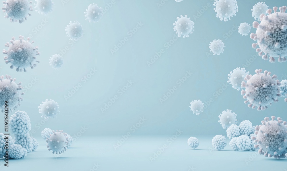 Poster 3d representation of viruses floating in a light blue environment, showcasing intricate details of v