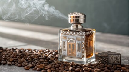 a bottle of perfume and coffee beans
