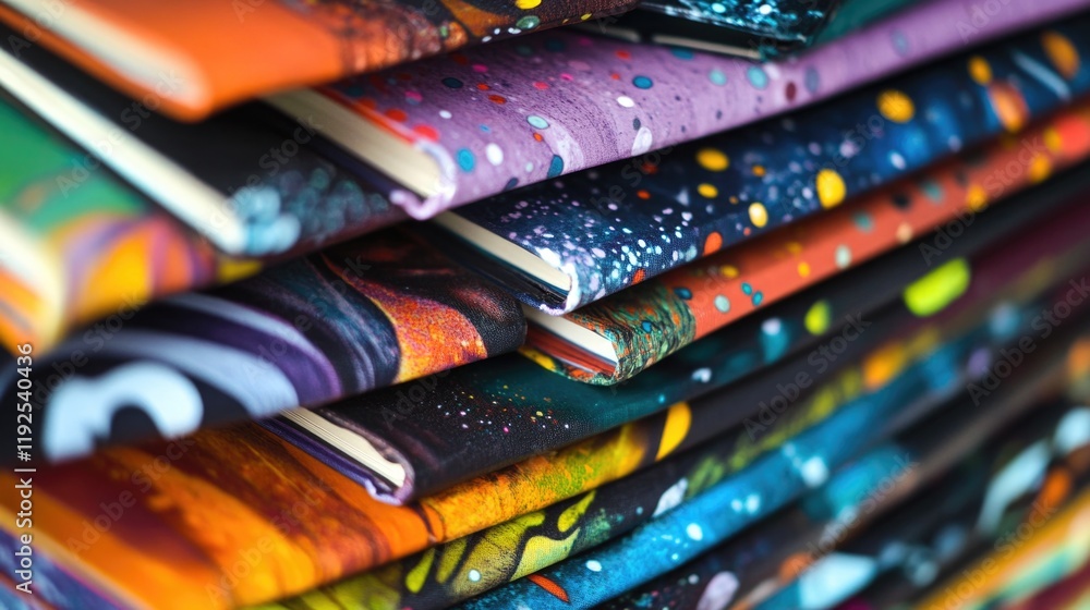 Poster a stack of colorful notebooks sitting on top of each other, great for creative workspace or office d