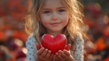 A red beautiful heart in the hands of a little girl