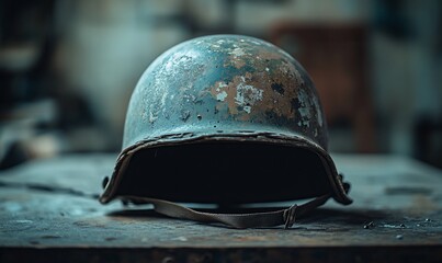 Old military helmet, worn, workshop background, history