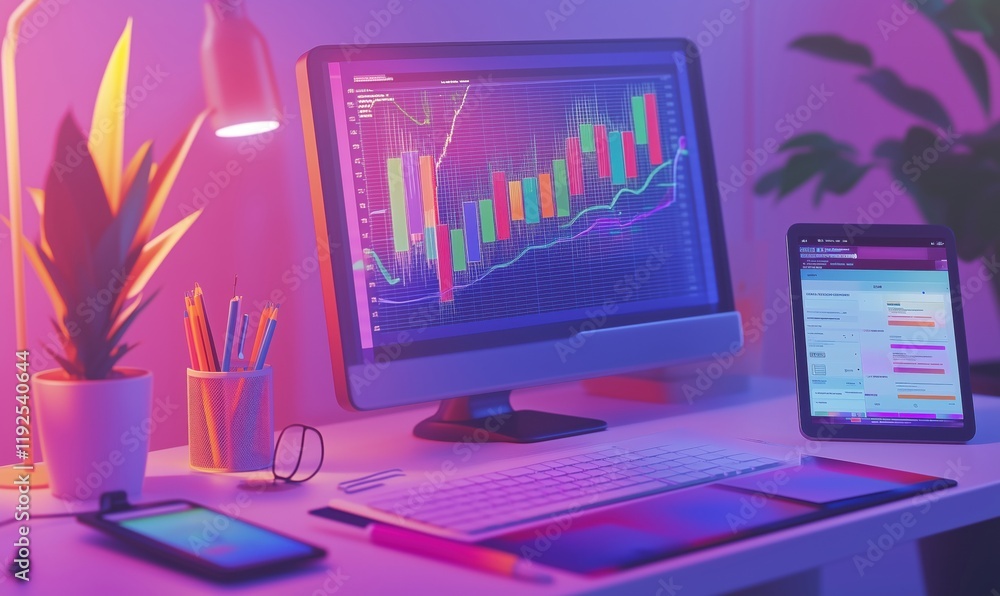 Poster stock market analysis setup with vibrant colors, featuring computer monitor displaying financial cha