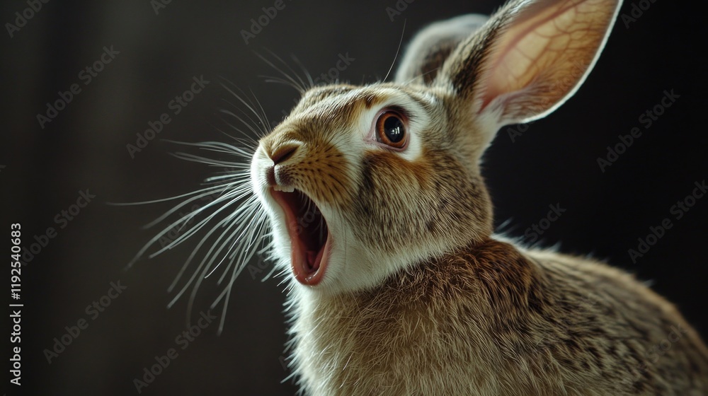 Poster a close-up shot of a rabbit's face with its mouth open, perfect for illustrations or design projects