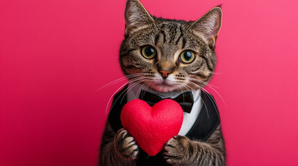 Cute cat in a tuxedo with a heart in his paws on a bright red background