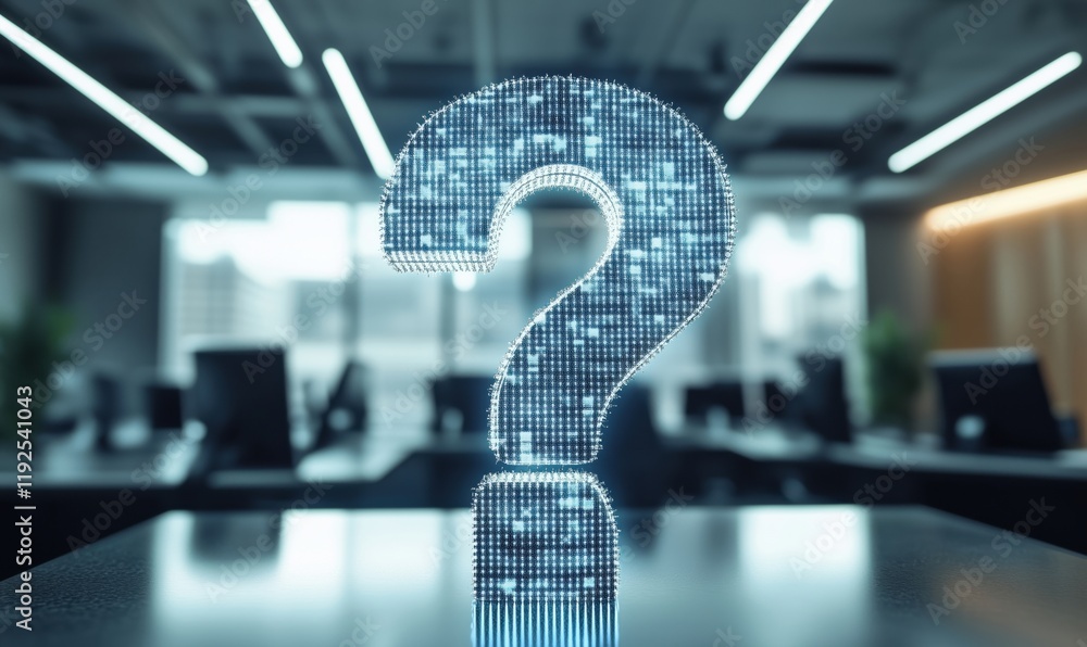 Aufkleber digital question mark symbolizing inquiry and innovation in modern office environment with blurred b