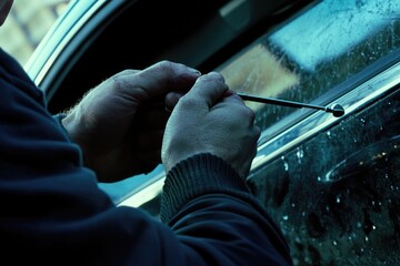 A person repairing a car window with a screwdriver