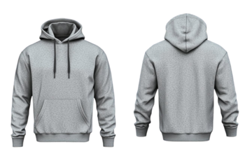 Grey men's hoodie, transparent background, no designs.