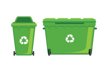 Garbage cans with sorted garbage. Sorting garbage. Ecology and recycle. Trash cans. Green, yellow, orange, red, blue and black recycle bins with recycle symbol isolated on white background.
