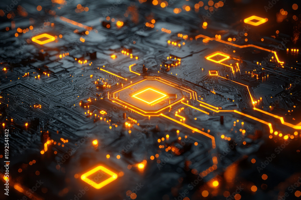 Leinwandbilder a futuristic circuit-board style pattern: short parallel lines in sunshine-yellow, connecting nodal 