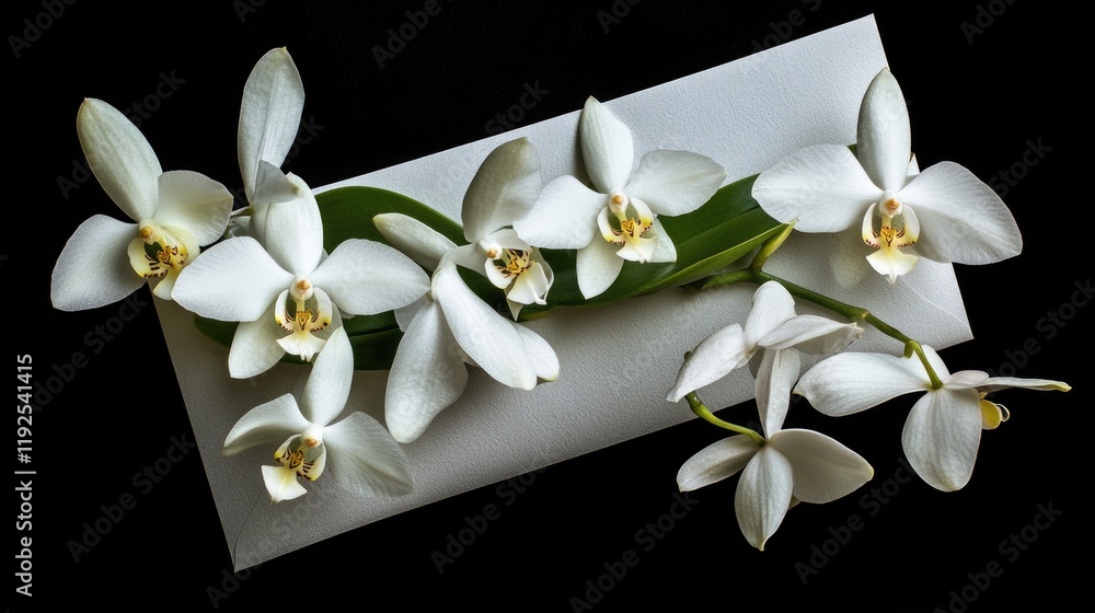 Poster a close-up view of a white flower sitting on a piece of paper, great for any occasion where you want