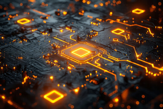 A futuristic circuit-board style pattern: short parallel lines in sunshine-yellow, connecting nodal squares on a charcoal plane,