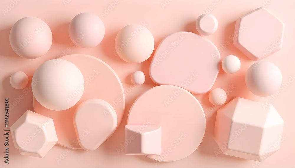 Poster A composition of geometric 3D smooth pastel shapes arranged in an abstract layout, set against a soft and light color palette, evoking a modern and tranquil aesthetic