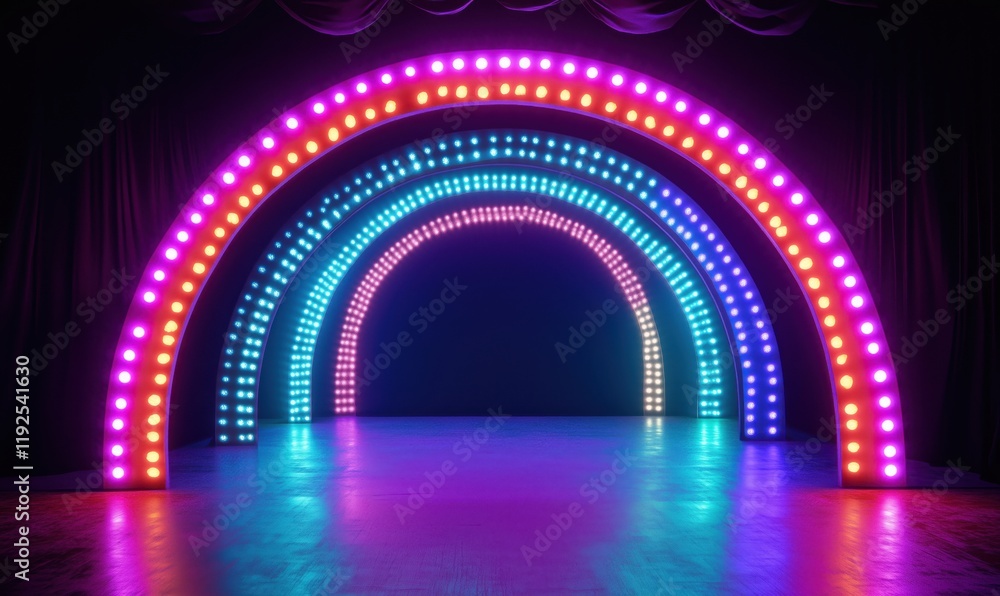 Poster colorful illuminated arches with vibrant led lights creating a stunning visual display in a darkened