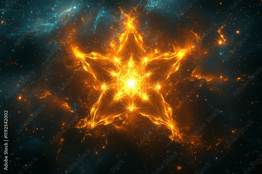 Aufkleber a symmetrical star-shaped mesh, each point radiating neon-yellow lines that connect back in a cosmic