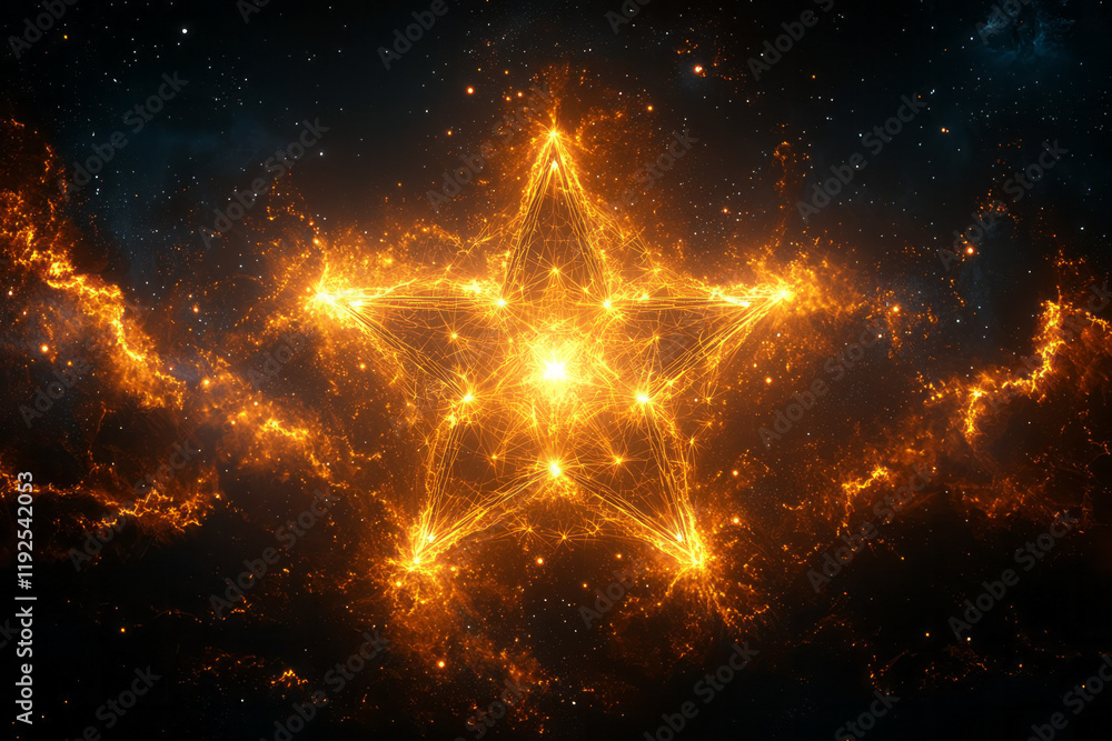 Aufkleber a symmetrical star-shaped mesh, each point radiating neon-yellow lines that connect back in a cosmic
