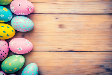 Easter eggs on wooden board greeting card with copyspace copy space decoration