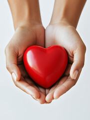 Obraz premium Hands gently cupping vibrant red heart light background love care wellbeing concept