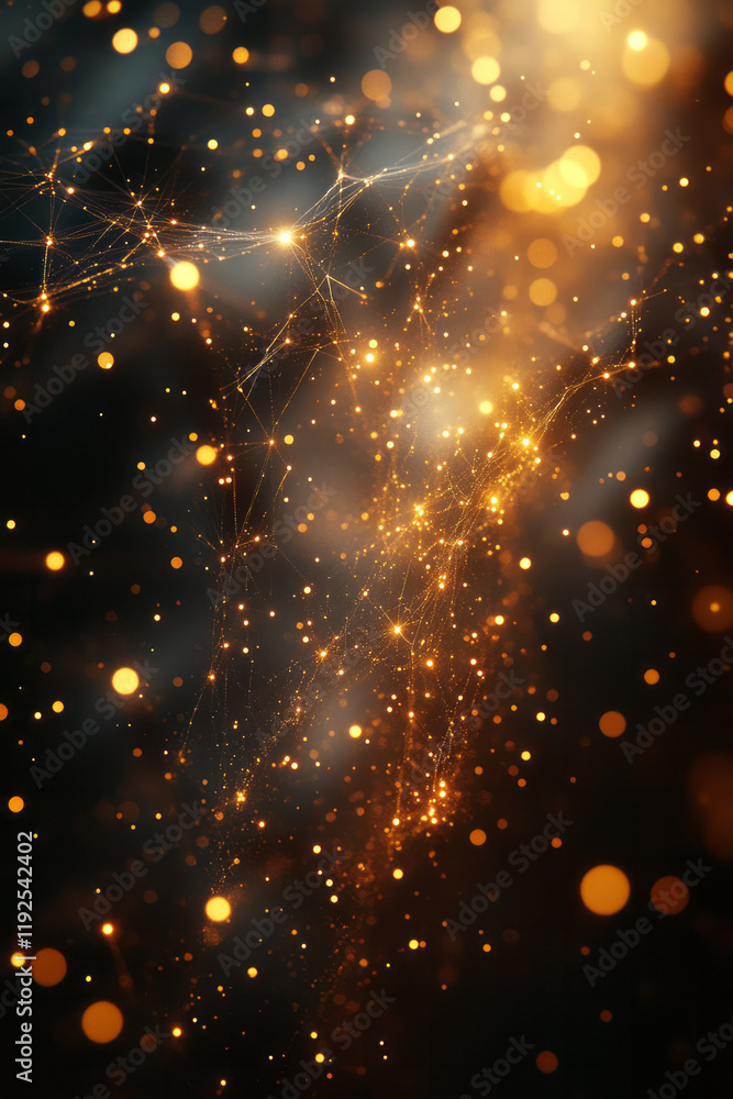 Poster a minimalistic, angular grid of bright golden rods, resembling an abstract map suspended in a dark v