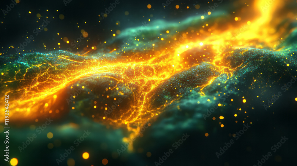 Poster fine neon-yellow filaments branching in random angles, their intersections softly illuminated agains