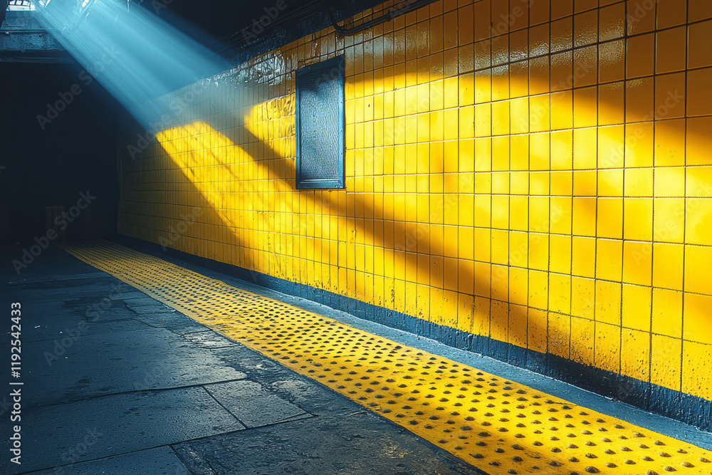 Poster crisscrossing lines in vibrant lemon hues, converging at points of overlapping geometry on a shadowy