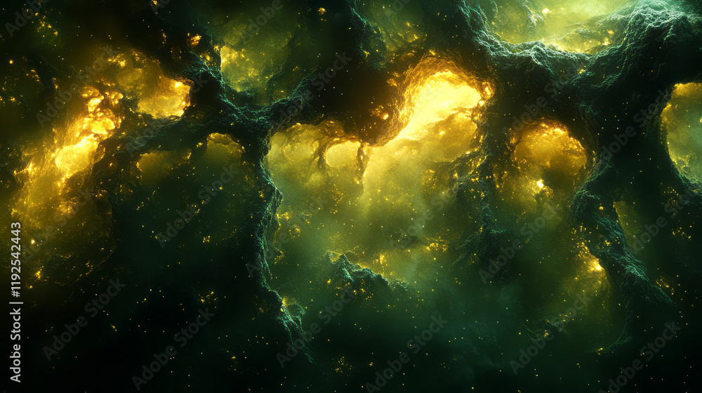 Poster Fine neon-yellow filaments branching in random angles, their intersections softly illuminated against inky darkness,