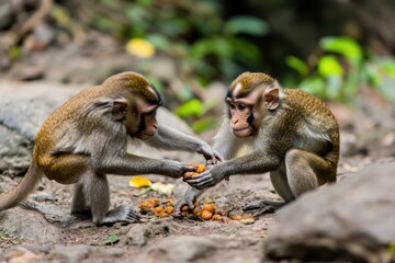 Obraz premium Two monkeys stand together in a dusty area