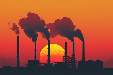 Sunset over industrial skyline with smokestacks emitting smoke