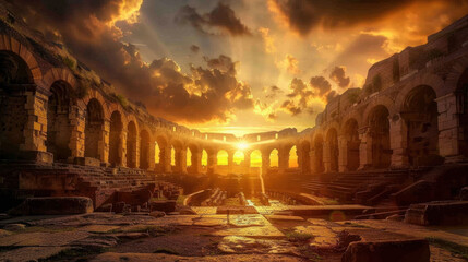 Ancient Roman amphitheater at sunset with dramatic lighting and shadows