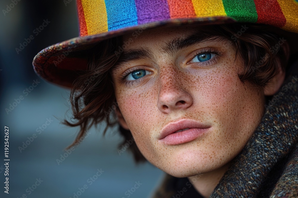 Poster a close-up shot of a person wearing a hat, great for use in editorial or commercial contexts where i