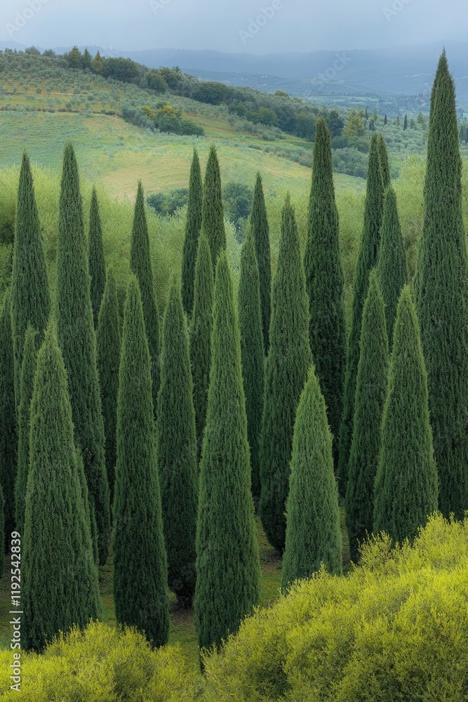 Poster a group of trees standing tall in a green field surrounded by hills