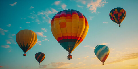 Obraz premium A vibrant display of hot air balloons in various colors, soaring above the rugged terrain at sunrise