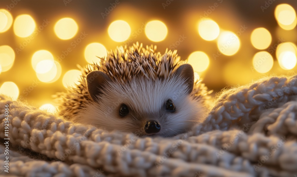 Poster hedgehog nestled in cozy knitted blanket with warm bokeh lights in background, creating a serene and