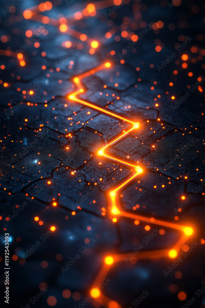 Aufkleber Multiple angled planes in neon-blue, each intersecting at glowing amber junctions, forming a dynamic 3D circuit on black,