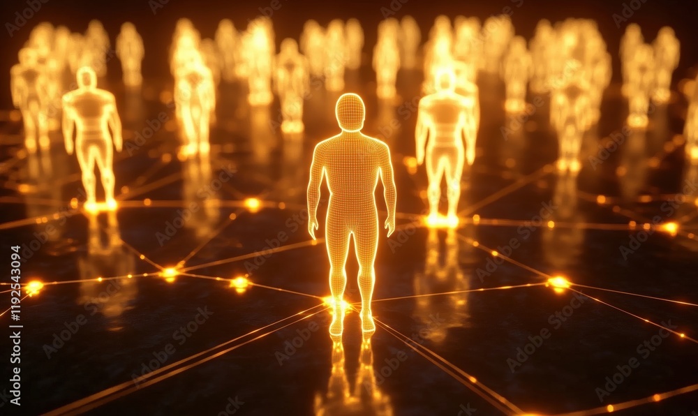 Poster digital network of glowing human figures representing connectivity and interaction in a virtual spac